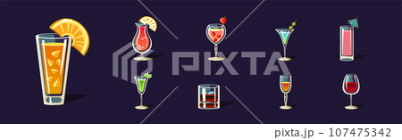 Cocktail and Beverage Poured in Glass as Alcohol Drink Vector Set Cocktail and Beverage Poured in Glass as Alcohol Drink Vector Set 107475342