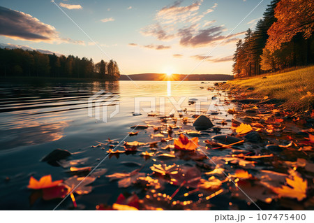 Autumn's Embrace Serene Lake Basks in the Golden Glow of Sunset Amidst the Vibrant Hues of Fal. created with Generative AI 107475400
