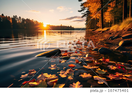 Autumn's Embrace Serene Lake Basks in the Golden Glow of Sunset Amidst the Vibrant Hues of Fal. created with Generative AI 107475401