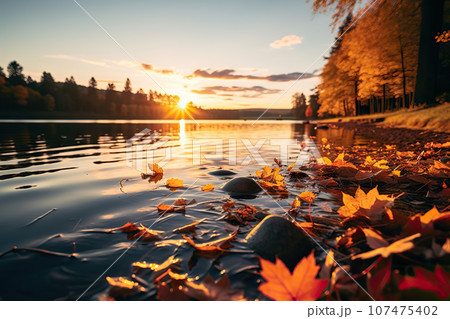 Autumn's Embrace Serene Lake Basks in the Golden Glow of Sunset Amidst the Vibrant Hues of Fal. created with Generative AI 107475402