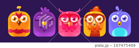 Funny Birds App Rounded Icon for Game Design Vector Set 107475409