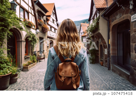 Exploring France's Charm Adventurous Blond Woman with Backpack Embraces Tourist Concept during Vacation. created with Generative AI Exploring France's Charm Adventurous Blond Woman with Backpack Embraces Tourist Concept during Vacation. created with Generative AI 107475418