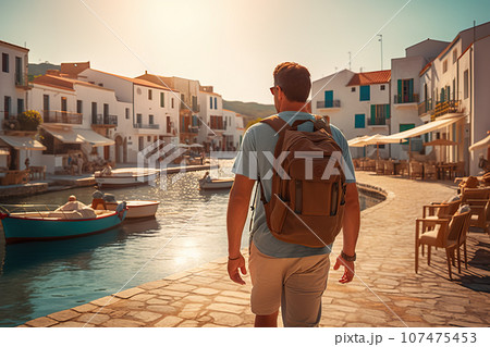 Tourist Man with Backpack Explores Mykonos on a Relaxing Vacation Getaway. created with Generative AI Tourist Man with Backpack Explores Mykonos on a Relaxing Vacation Getaway. created with Generative AI 107475453