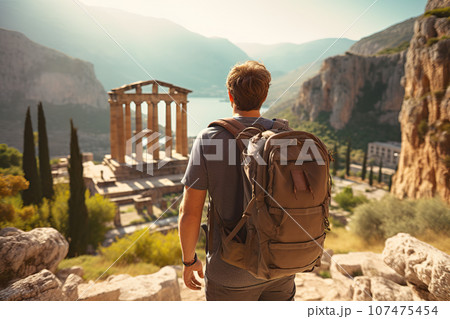 Tourist Man with Backpack Explores Ancient Greek Ruins, Including the Magnificent Temple of Apollo in Delphi. created with Generative AI 107475454