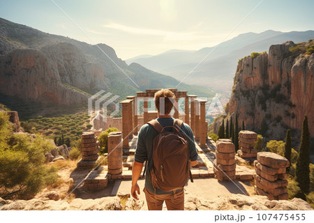 Tourist Man with Backpack Explores Ancient Greek Ruins, Including the Magnificent Temple of Apollo in Delphi. created with Generative AI 107475455