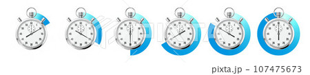 Realistic classic stopwatch. Shiny metal chronometer, time counter with dial. Blue countdown timer showing minutes and seconds. Time measurement for sport, start and finish. Vector illustration 107475673