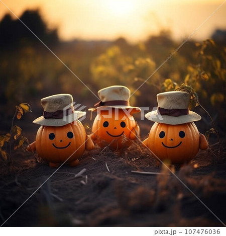 cute creatures walks through a pumpkin patch at sunset cute creatures walks through a pumpkin patch at sunset 107476036