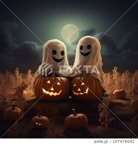 couple of cute ghosts in a field with pumpkins 107476042