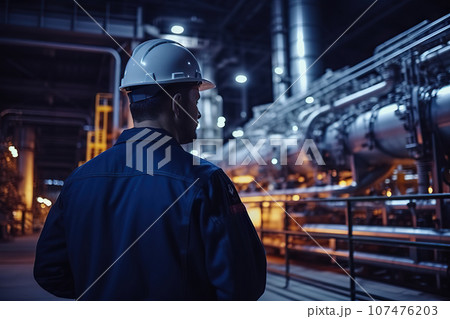Diligent Engineer in Full Uniform Expertly Inspecting a Massive Industrial Engine in a Factory Setting. created with Generative AI 107476203