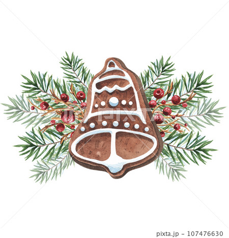 Watercolor gingerbread bell with fir branches and berries isolated on white background. Watercolour Christmas food illustration. For decor, textile, packaging, dishes. 107476630