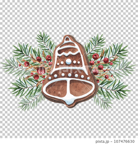 Watercolor gingerbread bell with fir branches and berries isolated on white background. Watercolour Christmas food illustration. For decor, textile, packaging, dishes. 107476630