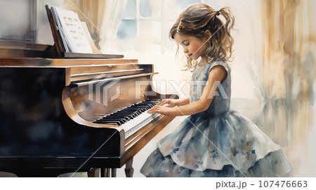 フォーマルな服装で楽しそうにピアノを演奏する子どもの水彩画の