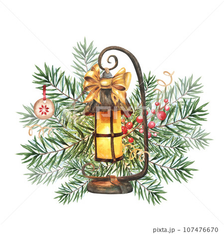 Watercolor Christmas card with lantern, berries, bow and fir branches. Hand painted holiday composition isolated on white background. Illustration for design, print, fabric or background. 107476670