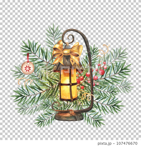 Watercolor Christmas card with lantern, berries, bow and fir branches. Hand painted holiday composition isolated on white background. Illustration for design, print, fabric or background. 107476670