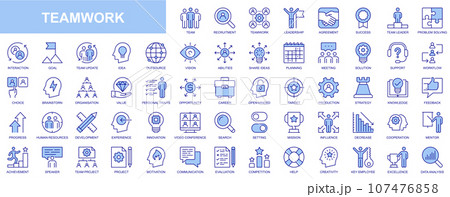 Teamwork web icons set in blue line design. Pack of team, recruitment, leadership, agreement, success, leader, problem solving, interaction, goal, idea, vision, other. Vector outline stroke pictograms Teamwork web icons set in blue line design. Pack of team, recruitment, leadership, agreement, success, leader, problem solving, interaction, goal, idea, vision, other. Vector outline stroke pictograms 107476858