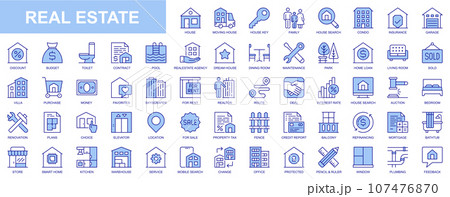 Real estate web icons set in blue line design. Pack of house, moving home, key, insurance, garage, budget, contract, realtor agency, mortgage, loan, property, other. Vector outline stroke pictograms Real estate web icons set in blue line design. Pack of house, moving home, key, insurance, garage, budget, contract, realtor agency, mortgage, loan, property, other. Vector outline stroke pictograms 107476870