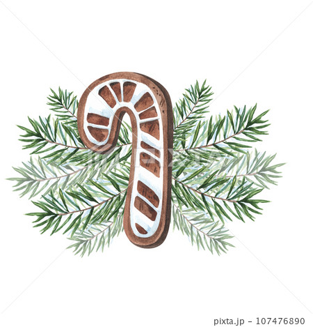 Watercolor gingerbread cookie candy cone with fir branches and isolated on white background. Watercolour Christmas food illustration. For decor, textile, packaging, dishes. 107476890