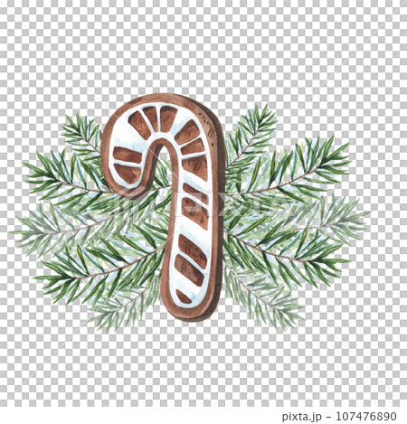 Watercolor gingerbread cookie candy cone with fir branches and isolated on white background. Watercolour Christmas food illustration. For decor, textile, packaging, dishes. 107476890