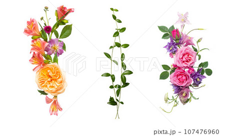 Collage of bouquets of different flowers and roses and green 107476960