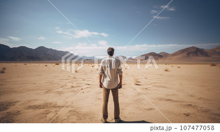 乾いた砂漠で立ち尽くすビジネスマンの後姿 乾いた砂漠で立ち尽くすビジネスマンの後姿 107477058