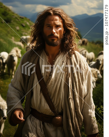 Jesus Christ herding sheep on green meadow in the mountains. AI 107477179