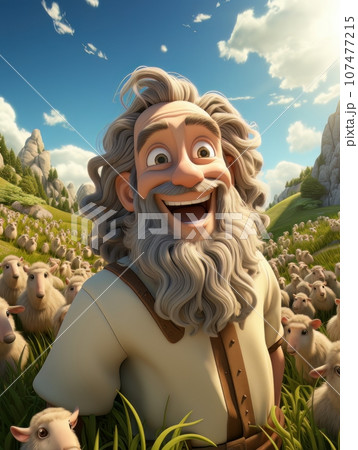 Cartoon Jesus Christ herding sheep on green meadow in the mountains. AI Cartoon Jesus Christ herding sheep on green meadow in the mountains. AI 107477215