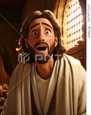 Cartoon Jesus Christ screaming, emotion of strong surprise or shock. AI Cartoon Jesus Christ screaming, emotion of strong surprise or shock. AI 107477237