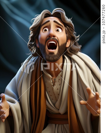 Cartoon Jesus Christ screaming, emotion of strong surprise or shock. AI 107477260