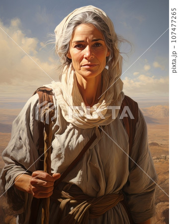 Middle-aged woman with stick in her hand in the desert in sunny day. AI 107477265