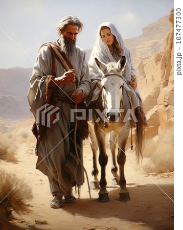 Christian nomads Mary and Joseph with horse in the desert. AI 107477300