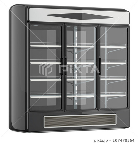Three Section Glass Door Dual Temperature Merchandiser. Combination Refrigerator Freezer Merchandiser. 3D rendering Three Section Glass Door Dual Temperature Merchandiser. Combination Refrigerator Freezer Merchandiser. 3D rendering 107478364