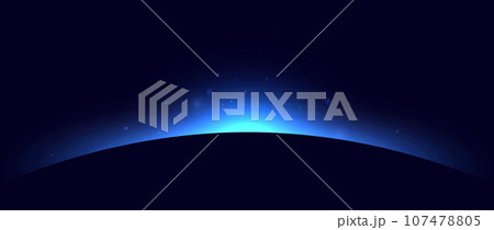 Planet eclipse concept. Blue solar light glare effect. Abstract glowing sunrise on dark background. Earth horizon halo illustration. Vector design for poster, banner, cover, brochure, booklet 107478805