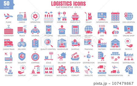 Logistics flat icons set. The collection includes of business developments,programing , web design,app design and more. Logistics flat icons set. The collection includes of business developments,programing , web design,app design and more. 107479867