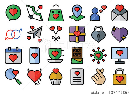 Love filled outline icons set. The collection includes for mobile app, web design, in a moment of celebration, Valentine's Day, wedding, birthday and more. 107479868