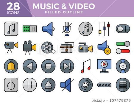 Music and video filled outline icons set. The collections include for web design ,app design, UI design,business and finance ,network and communications and other. Music and video filled outline icons set. The collections include for web design ,app design, UI design,business and finance ,network and communications and other. 107479879