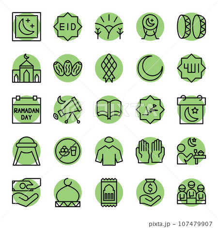 Ramadan filled outline icons set. The collection includes web design, application design, UI design, during Ramadan, Eid, and others. 107479907