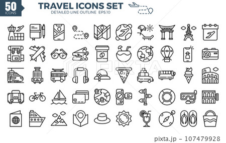 Travel outline icons set. The collection includes web design, application design, UI design, Travel outline icons set. The collection includes web design, application design, UI design, 107479928