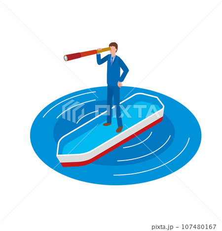 船の上から望遠鏡で様子をうかがう男性 107480167