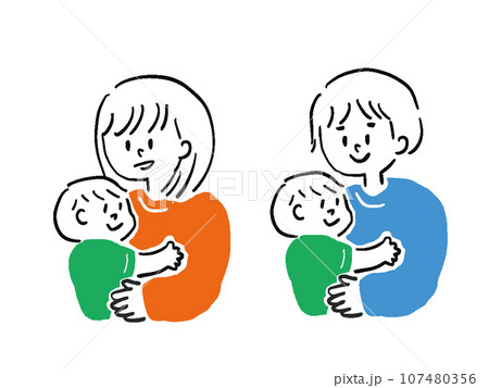 赤ちゃんを抱っこする男性と女性のシンプル手描き風イラストセット 赤ちゃんを抱っこする男性と女性のシンプル手描き風イラストセット 107480356