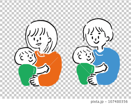 簡單的手繪風格插圖集，一男一女抱著嬰兒 107480356