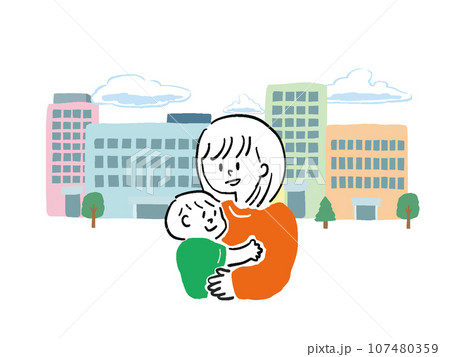 ポップな手描き風ビル街と赤ちゃんを抱っこする女性のイラスト 107480359