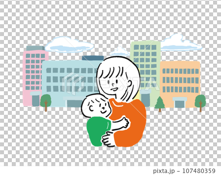 ポップな手描き風ビル街と赤ちゃんを抱っこする女性のイラスト 107480359