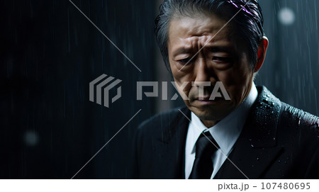 夜の雨の中悲しむスーツ姿の男性「AI生成画像」 107480695
