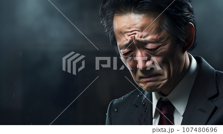 夜の雨の中悲しむスーツ姿の男性「AI生成画像」 107480696