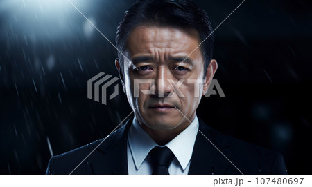 夜の雨の中悲しむスーツ姿の男性「AI生成画像」 107480697