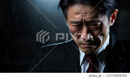 夜の雨の中悲しむスーツ姿の男性「AI生成画像」 107480699