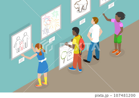 3D Isometric Flat Vector Conceptual Illustration of Children Drawings Exhibition 107481200