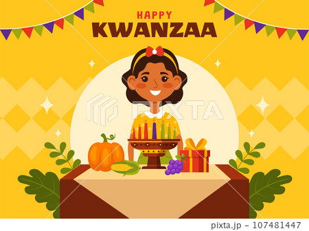 Happy Kwanzaa Vector Illustration with Mazao, Zawadi, Mkeka, Kinara, Gifts, Cup, Candles in Traditional Holiday African Symbol Flat Cartoon Background 107481447