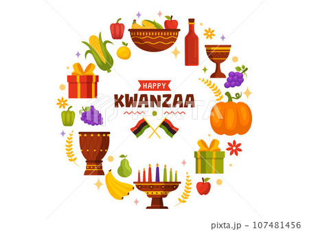 Happy Kwanzaa Vector Illustration with Mazao, Zawadi, Mkeka, Kinara, Gifts, Cup, Candles in Traditional Holiday African Symbol Flat Cartoon Background 107481456