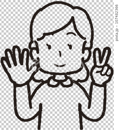 Upper body line drawing illustration of a smiling woman making 52 hand signs with two fingers on her left hand and five fingers on her right hand Upper body line drawing illustration of a smiling woman making 52 hand signs with two fingers on her left hand and five fingers on her right hand 107482366